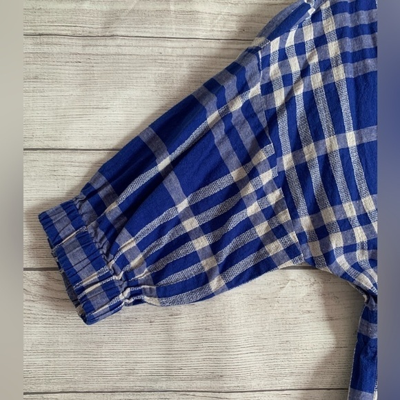 Zara Linen-Cotton Blend Blue Gingham Check Shirt Dress with Drawstring Waist - Picture 12 of 14